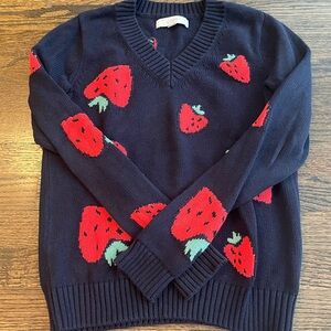 LOFT Navy V-Neck Sweater with Strawberry Motif